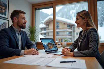 Négociation immobilière entre un agent et un acheteur autour de documents pour un appartement aux Menuires