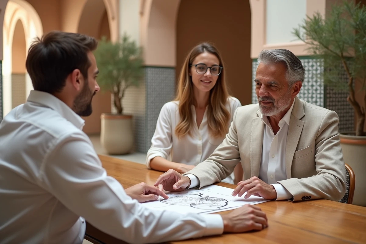 Négociation du prix d'une villa à Marrakech dans une agence immobilière avec un agent et des acheteurs étrangers