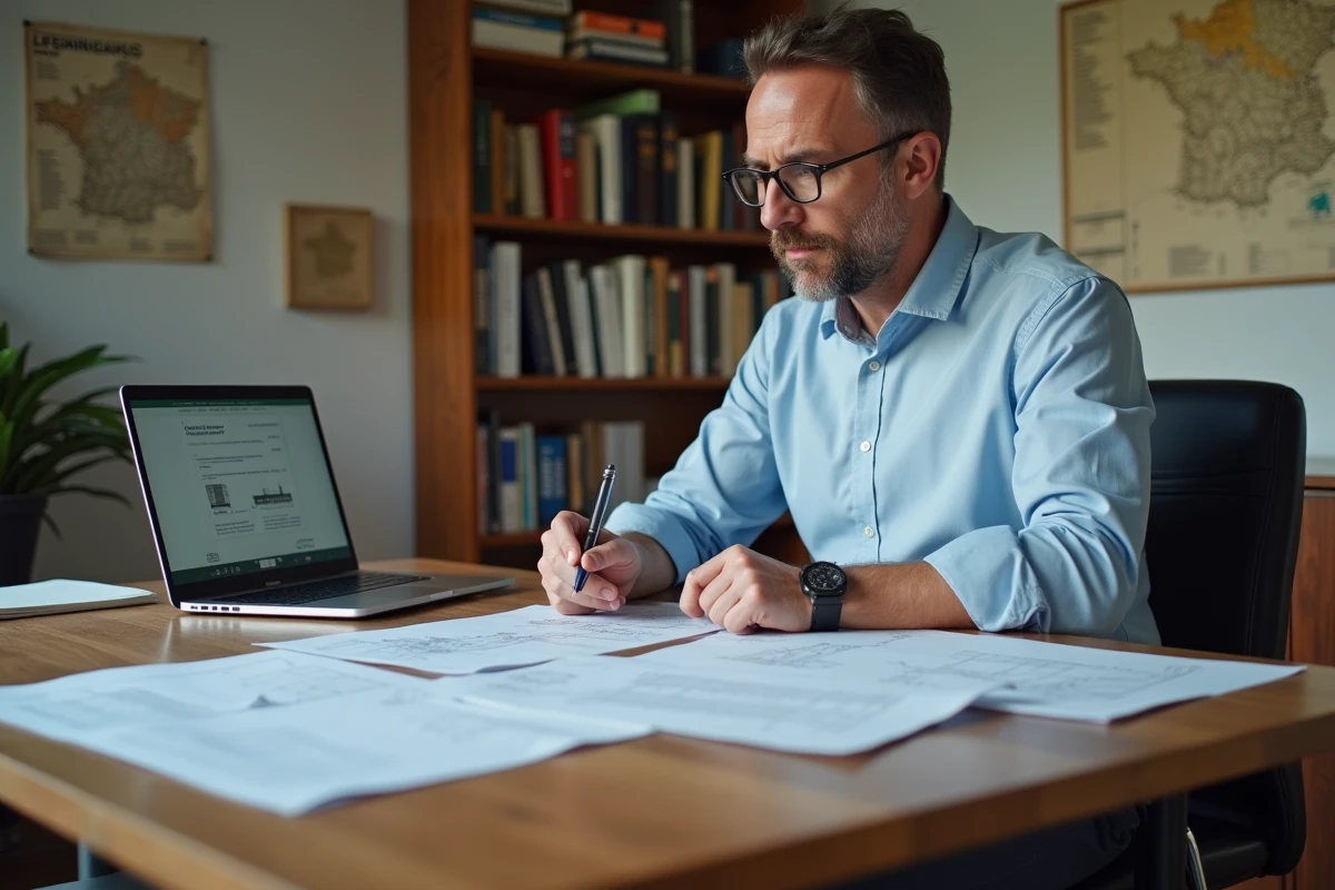 Homme préparant un dossier de candidature pour l'acquisition d'un manoir à un euro symbolique auprès de la mairie, entouré de documents officiels et plans