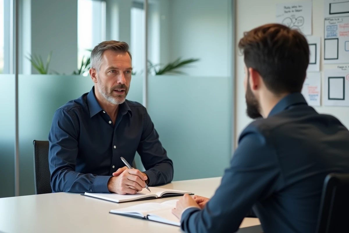 Homme en séance de coaching professionnel avec un consultant dans un bureau moderne et minimaliste