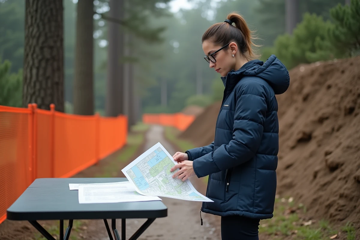 Urbaniste consultant des documents réglementaires à la frontière d'une zone naturelle protégée avec clôture de chantier