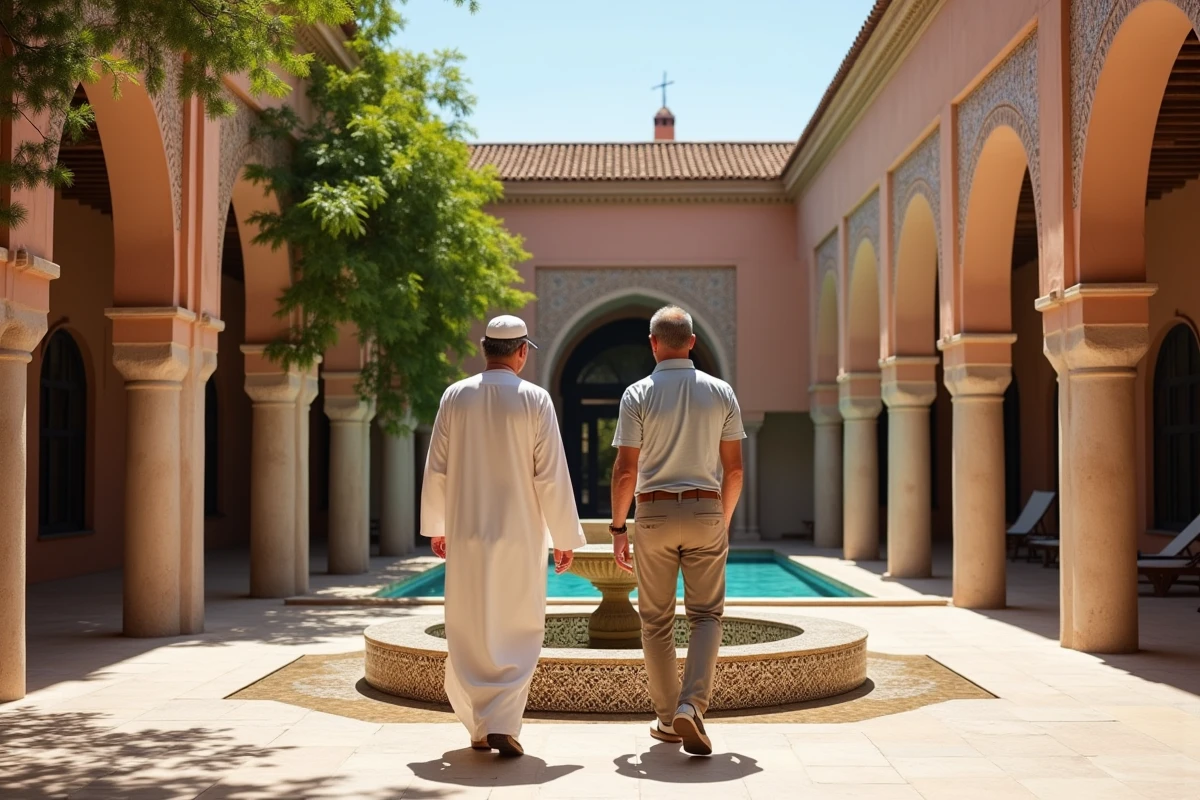 Visite d'une villa de luxe à vendre à Marrakech avec un propriétaire et un acheteur potentiel dans la cour intérieure