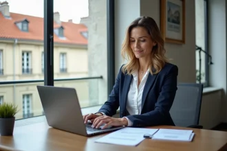 Agent immobilière réalisant une estimation de bien à Lyon sur ordinateur portable dans une agence moderne