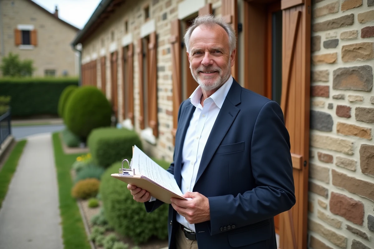 Agent immobilier devant une maison à vendre près de Metz avec panneau de vente, contexte de divorce urgent
