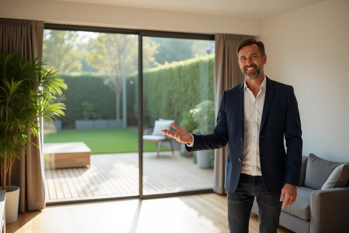 Agent immobilier présentant un appartement T3 rez-de-jardin avec terrasse et jardin privatif