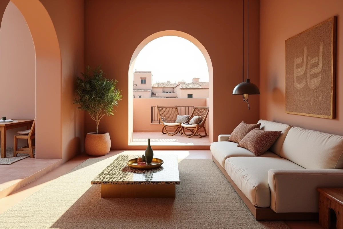 Salon moderne d'un appartement à vendre à Guéliz Marrakech avec décoration marocaine contemporaine et vue sur les toits