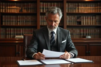 Avocat en costume gris examinant un contrat de cession de fonds de commerce dans un cabinet juridique