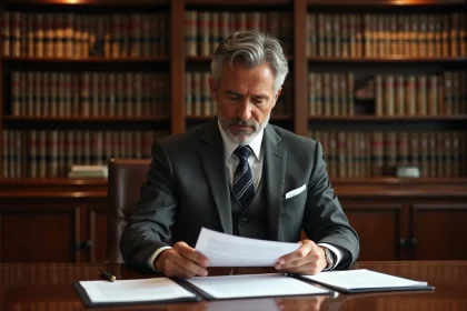 Avocat en costume gris examinant un contrat de cession de fonds de commerce dans un cabinet juridique