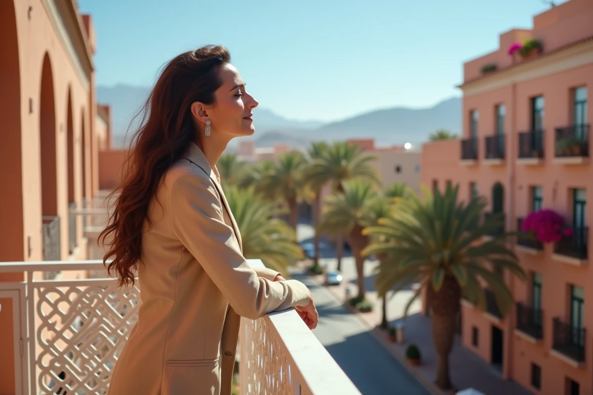 Femme sur le balcon d'un appartement à Guéliz Marrakech avec vue sur l'avenue et les montagnes de l'Atlas