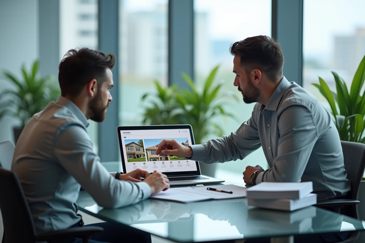 Conseiller immobilier présentant une plateforme de revue foncière à un client dans un espace de travail moderne