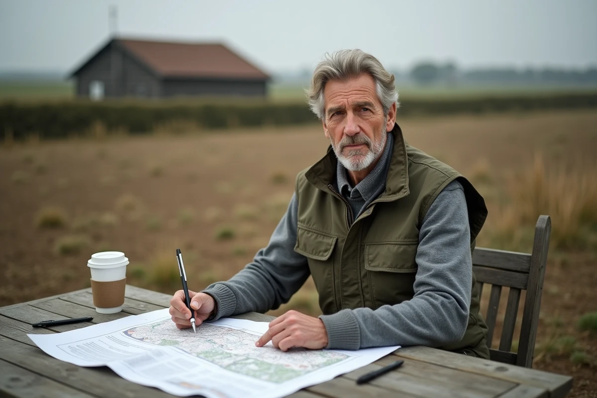 Homme consultant des documents cadastraux sur un terrain rural disponible à la construction