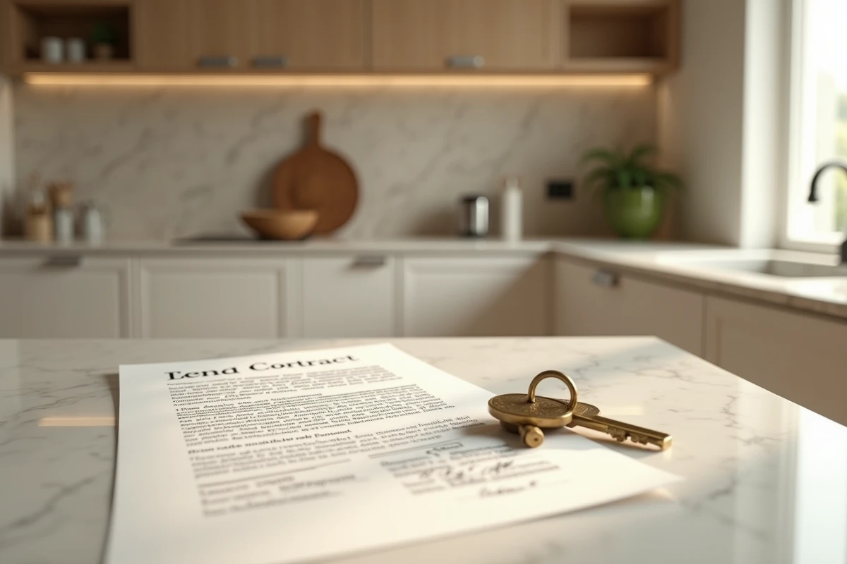 Contrat de location d'une maison pour tournage cinématographique avec clés et plans architecturaux sur marbre