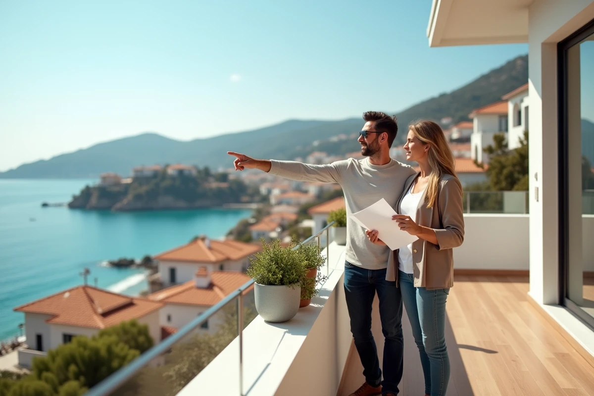 Couple examinant des documents immobiliers sur le balcon d'un appartement vue mer en résidence de tourisme