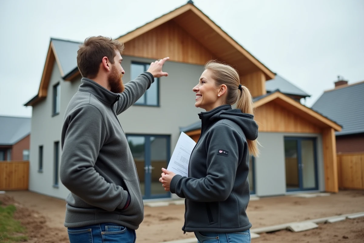 Couple examinant un devis devant leur future maison à ossature bois presque achevée