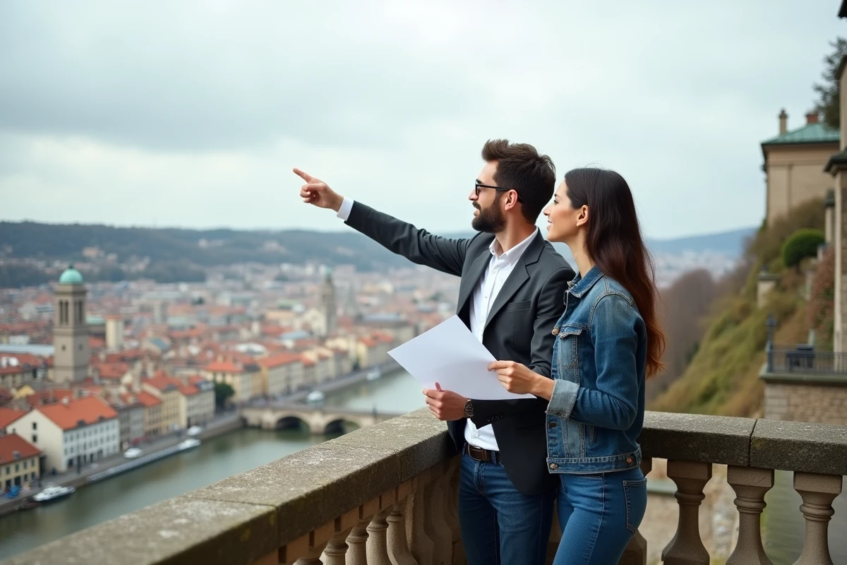 Couple consultant une estimation immobilière sur leur balcon avec vue sur Lyon et la Saône
