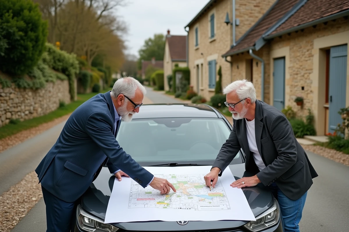 Couple examinant un plan cadastral devant une maison en pierre dans un village français pour valider leur projet immobilier