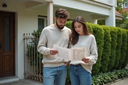 Couple cherchant une location T3 rez-de-jardin devant l'entrée d'un appartement avec jardin privatif