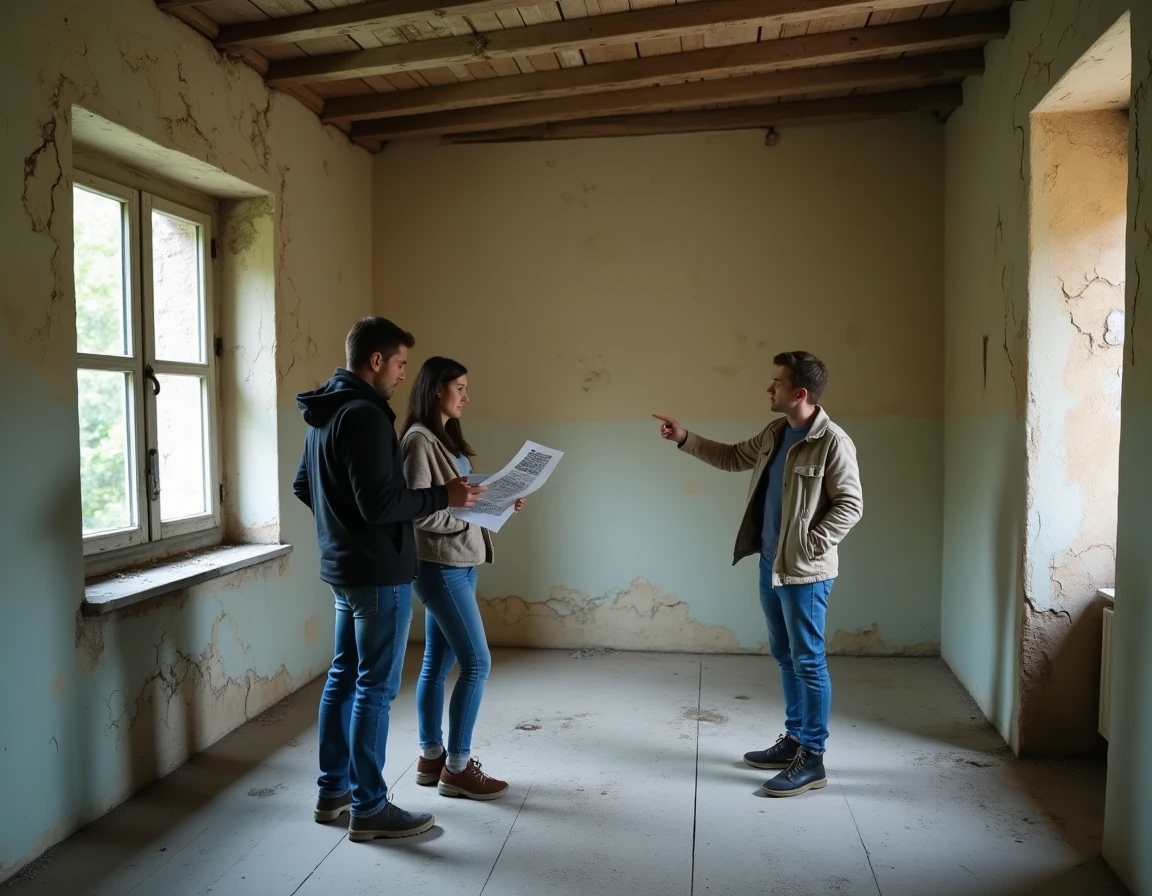 Couple visitant l'intérieur délabré d'une maison abandonnée à donner dans un village français