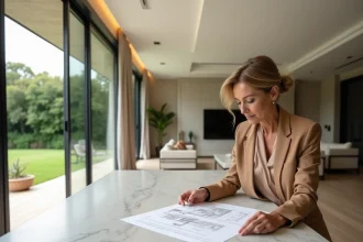 Femme élégante consultant des plans architecturaux dans la cuisine ouverte d'une villa de prestige avec vue sur jardin