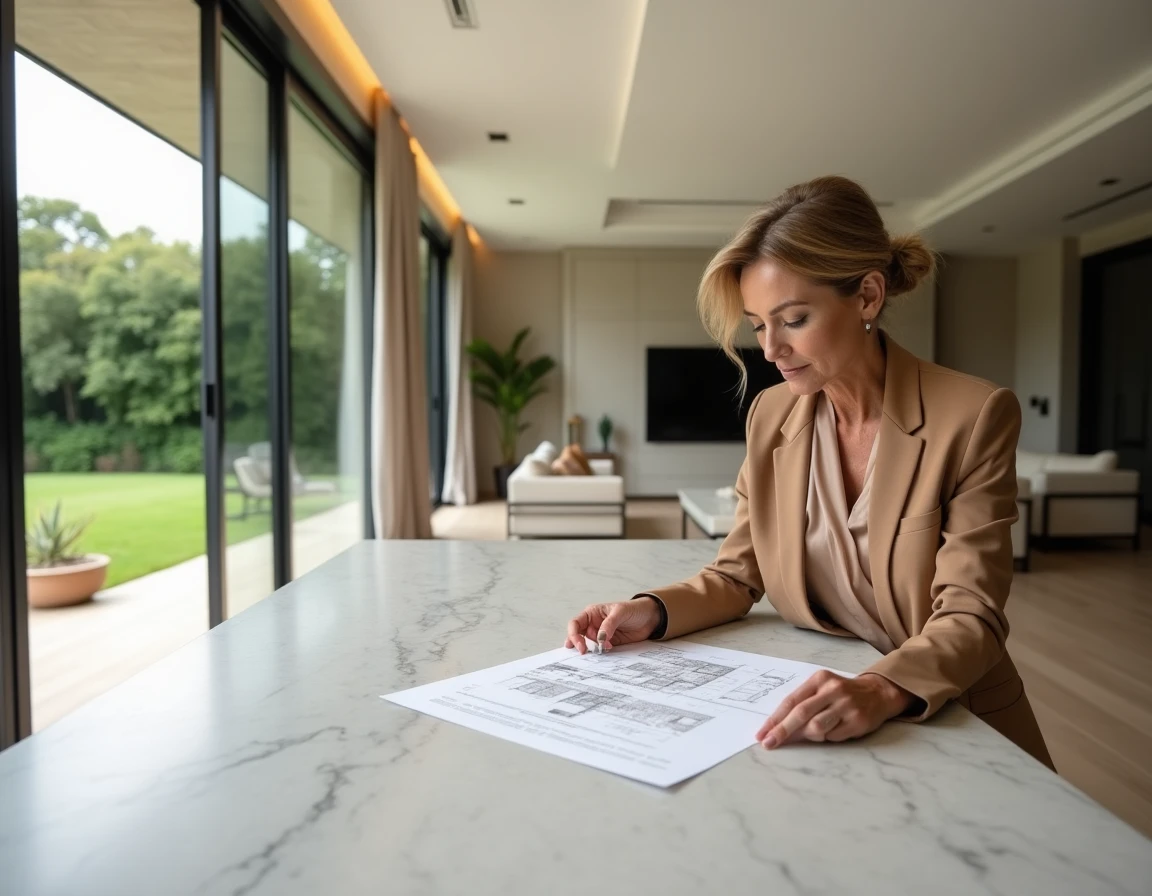 Femme élégante consultant des plans architecturaux dans la cuisine ouverte d'une villa de prestige avec vue sur jardin