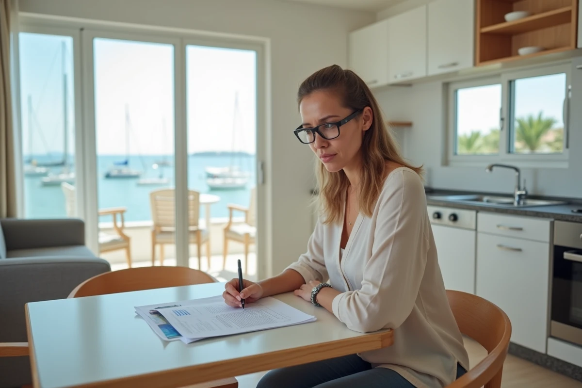 Femme analysant un contrat de bail et une brochure de rendement locatif dans un appartement de résidence de tourisme avec vue mer