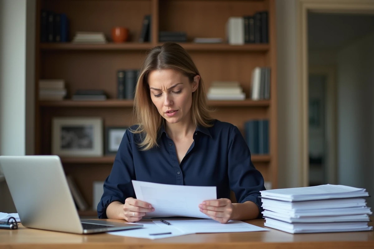 Femme consultant des documents administratifs de demande de logement social sur un bureau en bois
