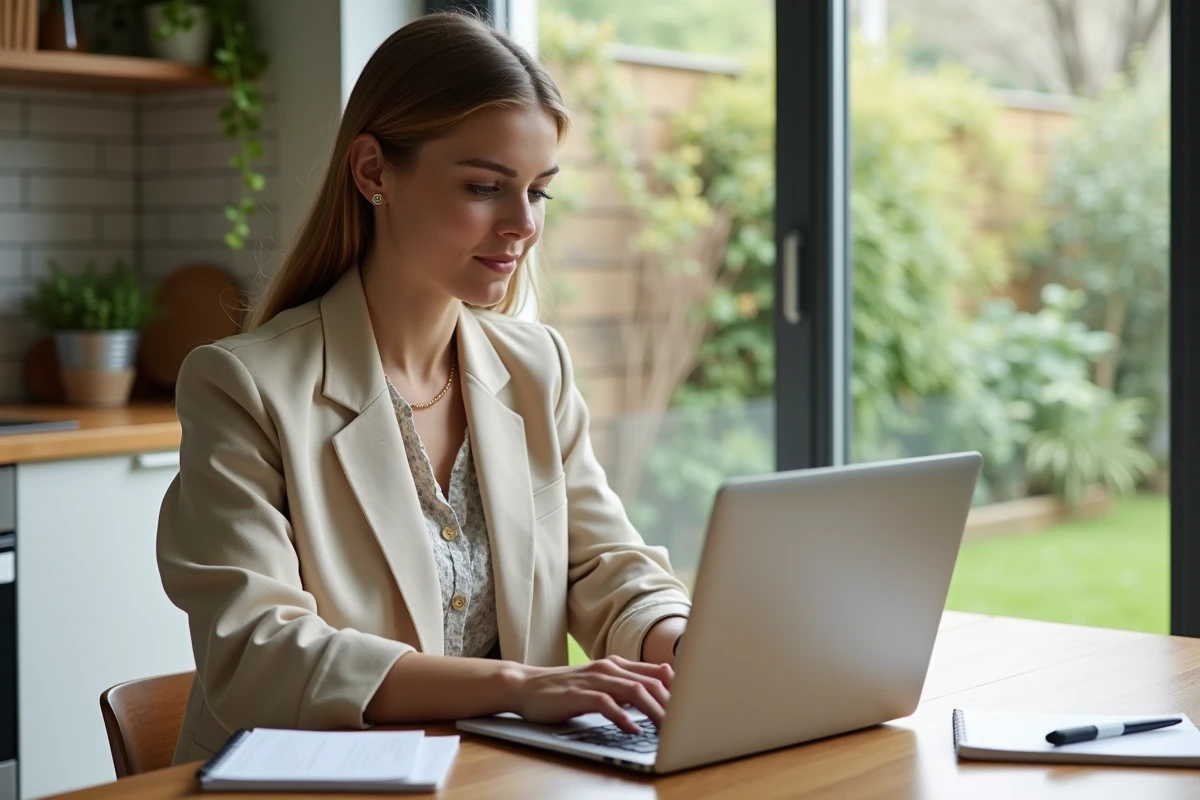 Femme consultant des annonces de location T3 rez-de-jardin sur ordinateur dans un appartement moderne