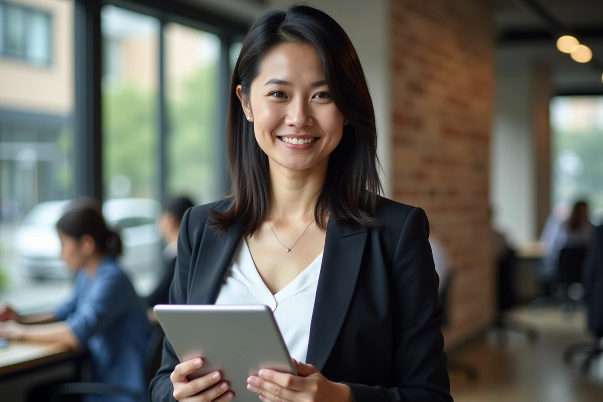 Femme consultant une formation CPF investissement immobilier locatif sur une tablette en espace de coworking