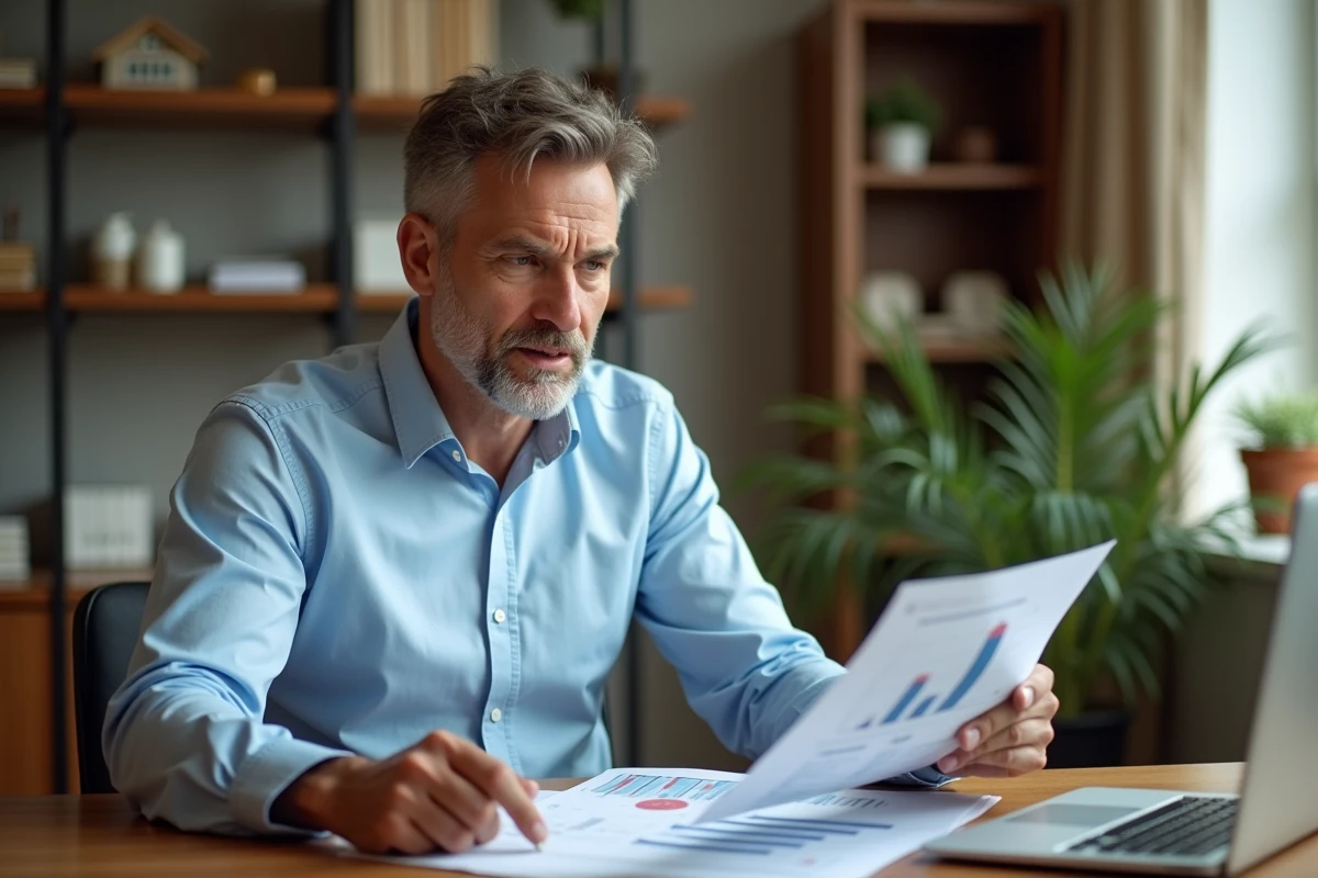 Homme consultant des documents de formation investissement immobilier rentier sur un bureau moderne