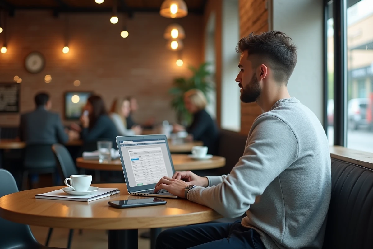 Jeune homme gérant ses candidatures en ligne depuis un café urbain avec un ordinateur portable