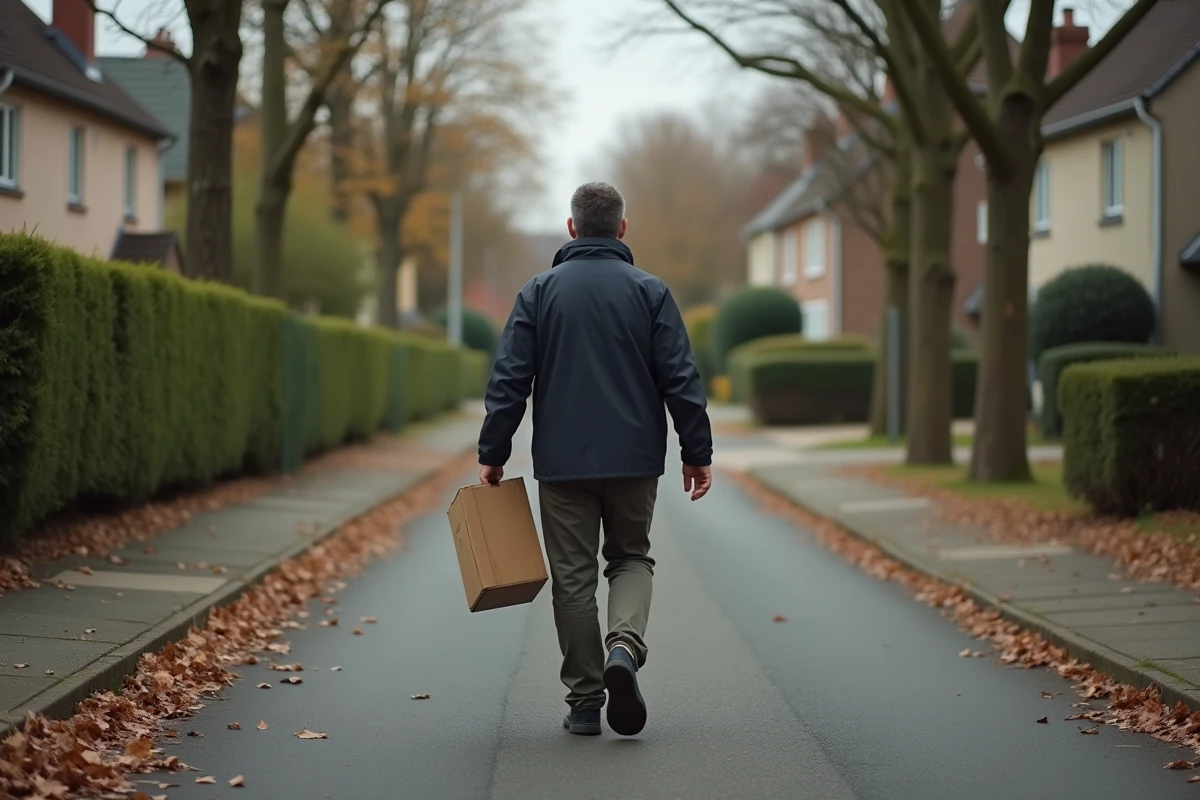 Homme quittant sa maison en portant un carton dans une rue pavillonnaire de la région de Metz après une vente pour divorce