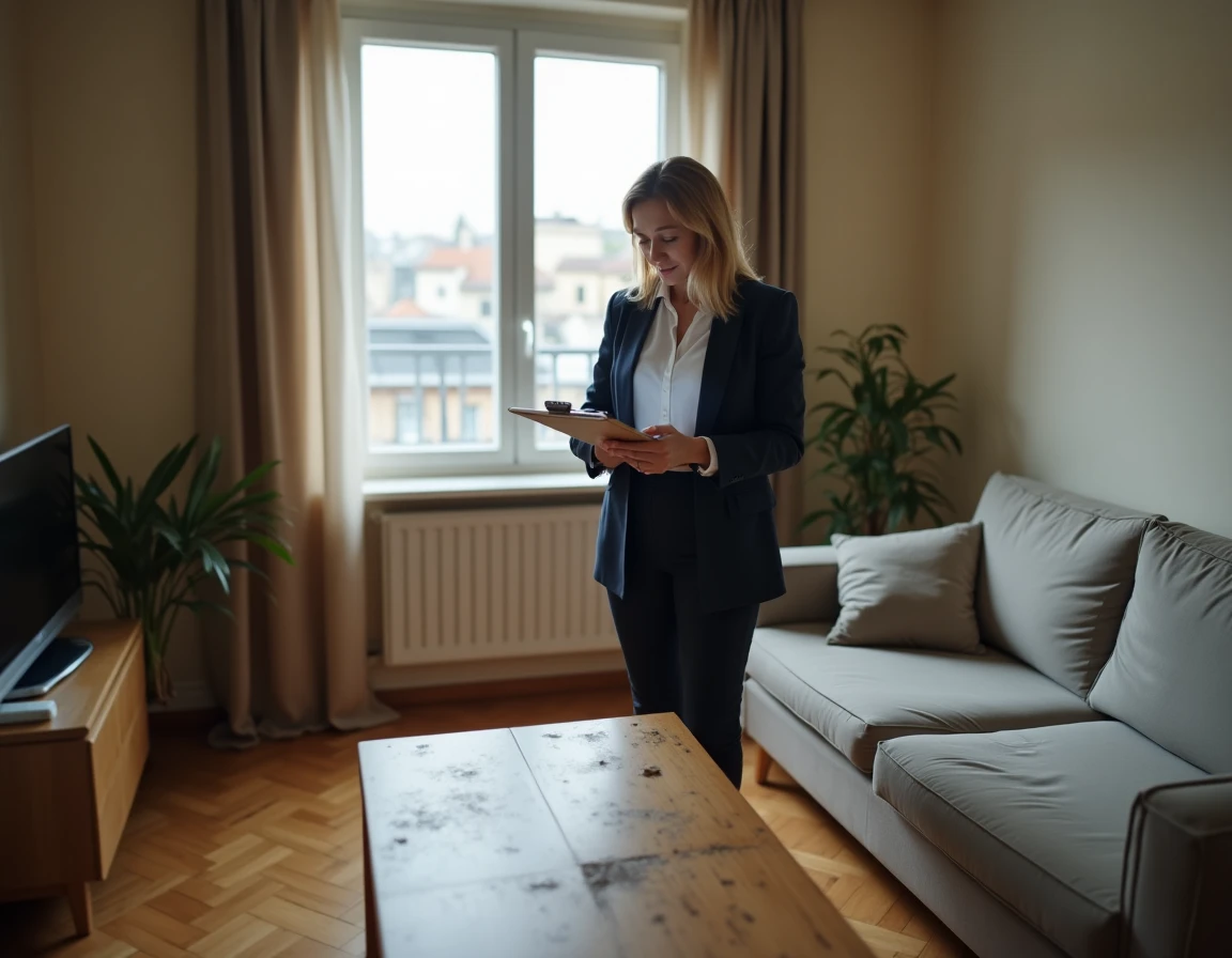 Propriétaire inspectant des meubles usés dans un appartement meublé lors d'un état des lieux de sortie