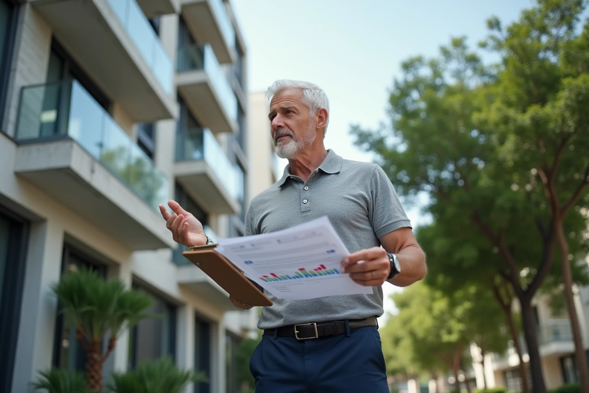 Investisseur immobilier devant un immeuble locatif tenant des documents de rentabilité après une formation CPF