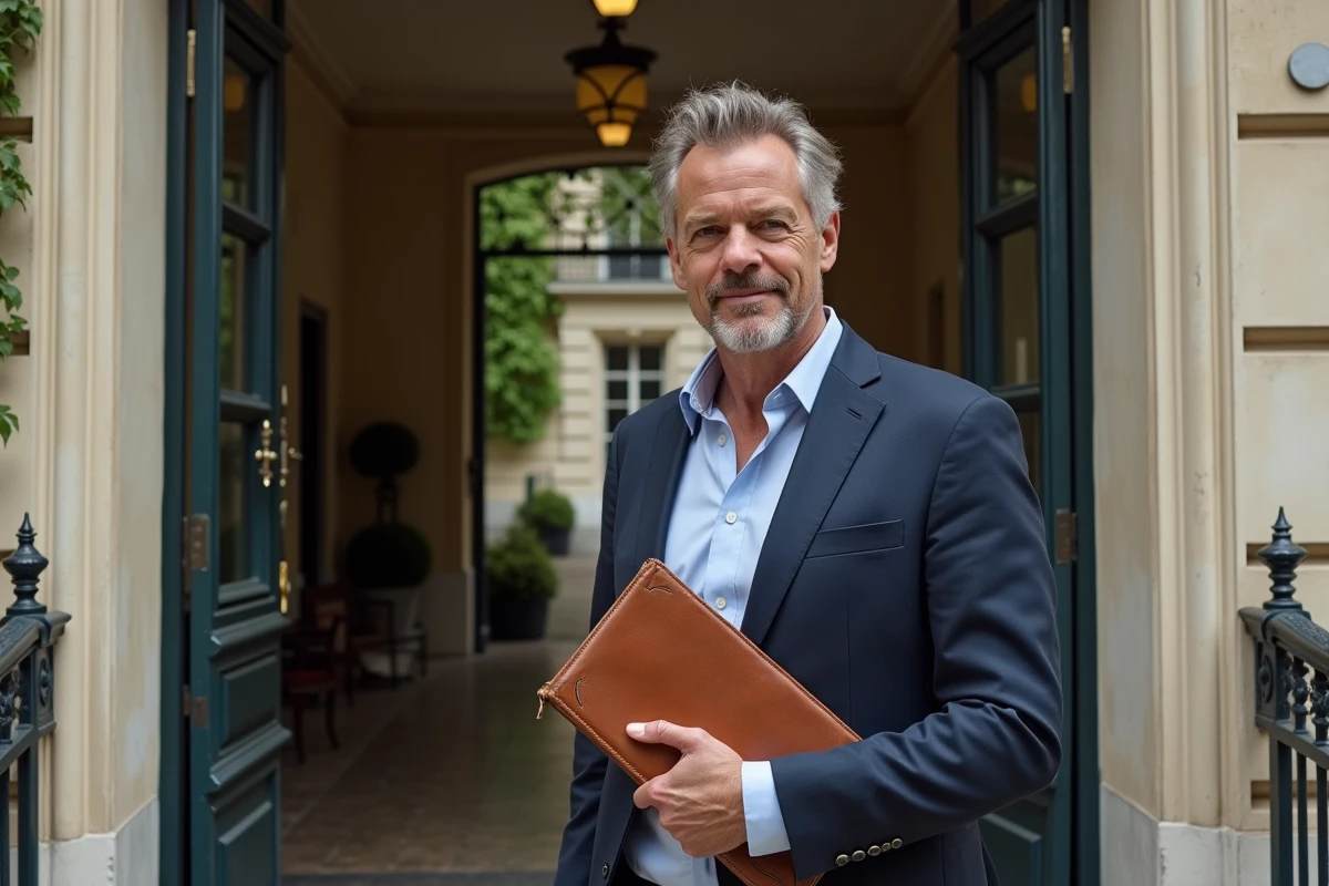 Agent immobilier devant une maison haussmannienne disponible à la location pour tournage de film
