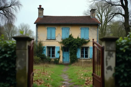 Maison abandonnée en pierre en France avec volets délabrés et jardin envahi par la végétation