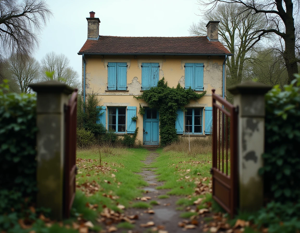 Maison abandonnée en pierre en France avec volets délabrés et jardin envahi par la végétation