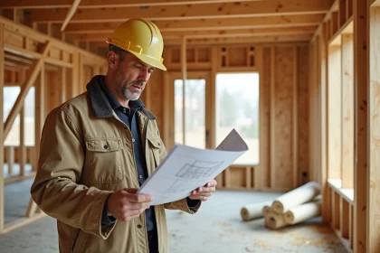 Professionnel du bâtiment examinant des plans dans une maison à ossature bois en cours de construction
