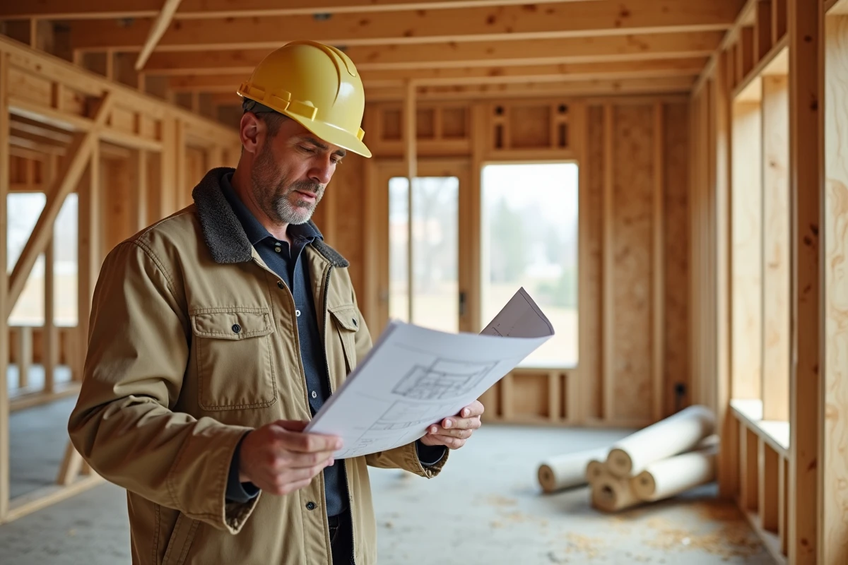 Professionnel du bâtiment examinant des plans dans une maison à ossature bois en cours de construction