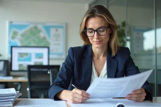 Professionnelle de l'immobilier analysant un document foncier dans un bureau moderne pour sécuriser un projet immobilier