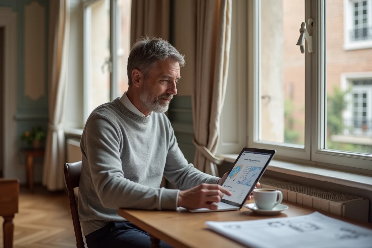 Propriétaire lyonnais consultant une estimation en ligne sur tablette dans un appartement ancien avec parquet et moulures
