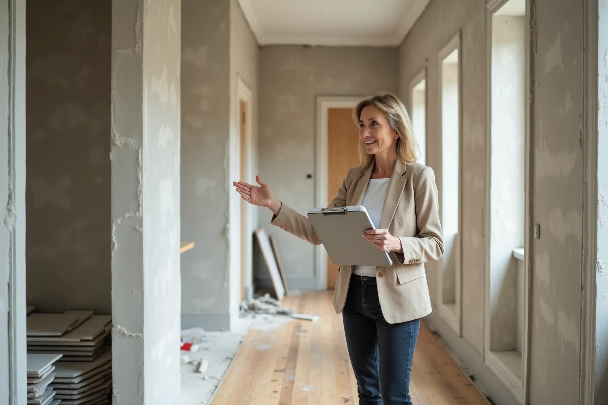 Femme évaluant des travaux de rénovation dans un appartement pour optimiser l'exonération de plus-value après 22 ans