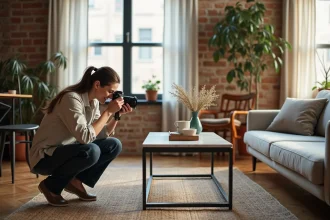Photographe professionnelle réalisant un shooting photo dans un salon moderne loué pour une session créative