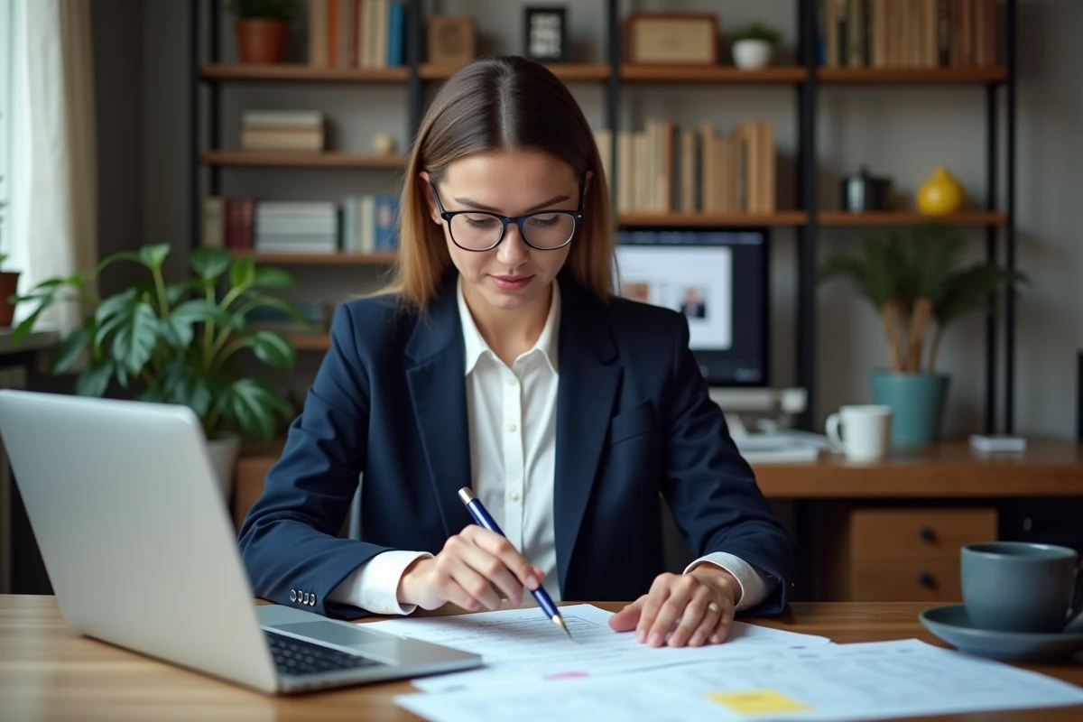 Femme professionnelle annotant un tableau de suivi de candidatures dans un bureau à domicile moderne
