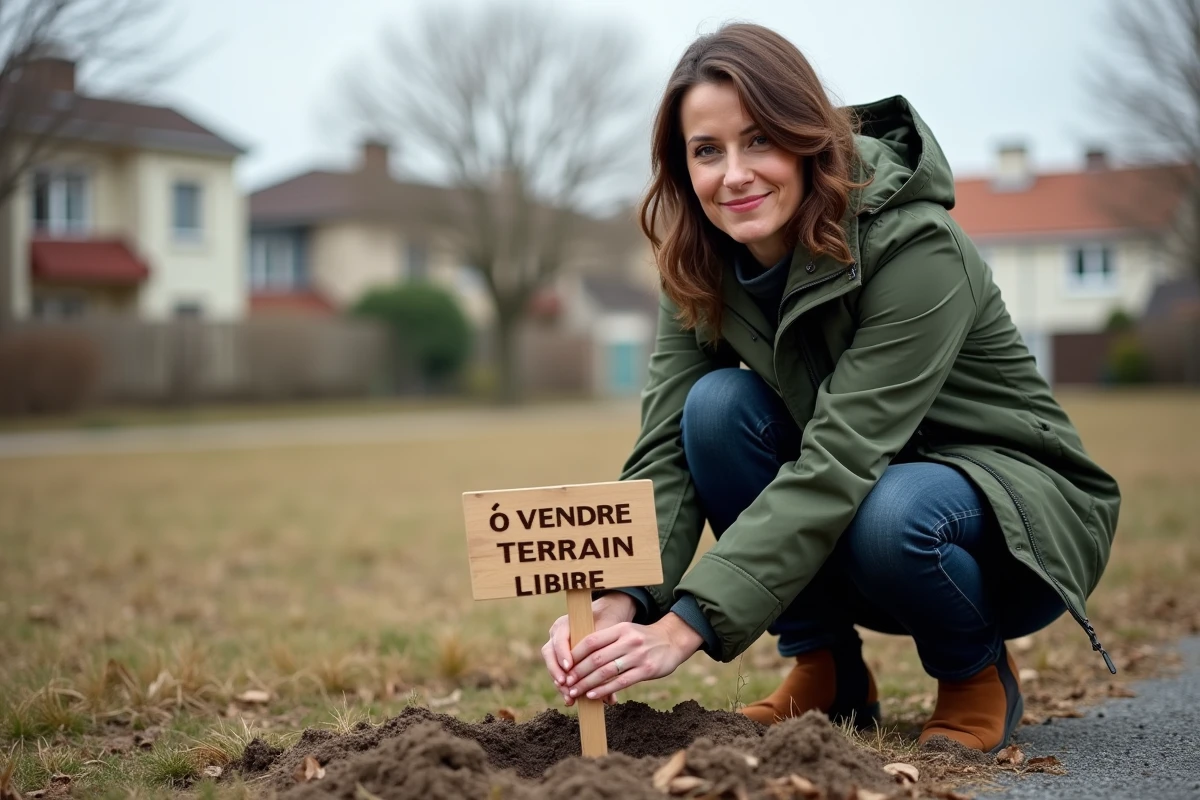 Femme plantant un panneau sur un terrain libre disponible en zone périurbaine