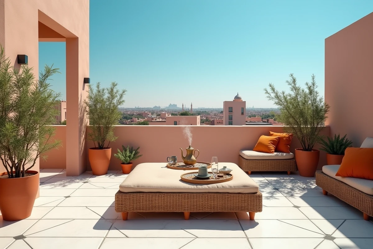 Terrasse ensoleillée d'un appartement pied-à-terre à Guéliz Marrakech avec salon de jardin et vue sur la ville