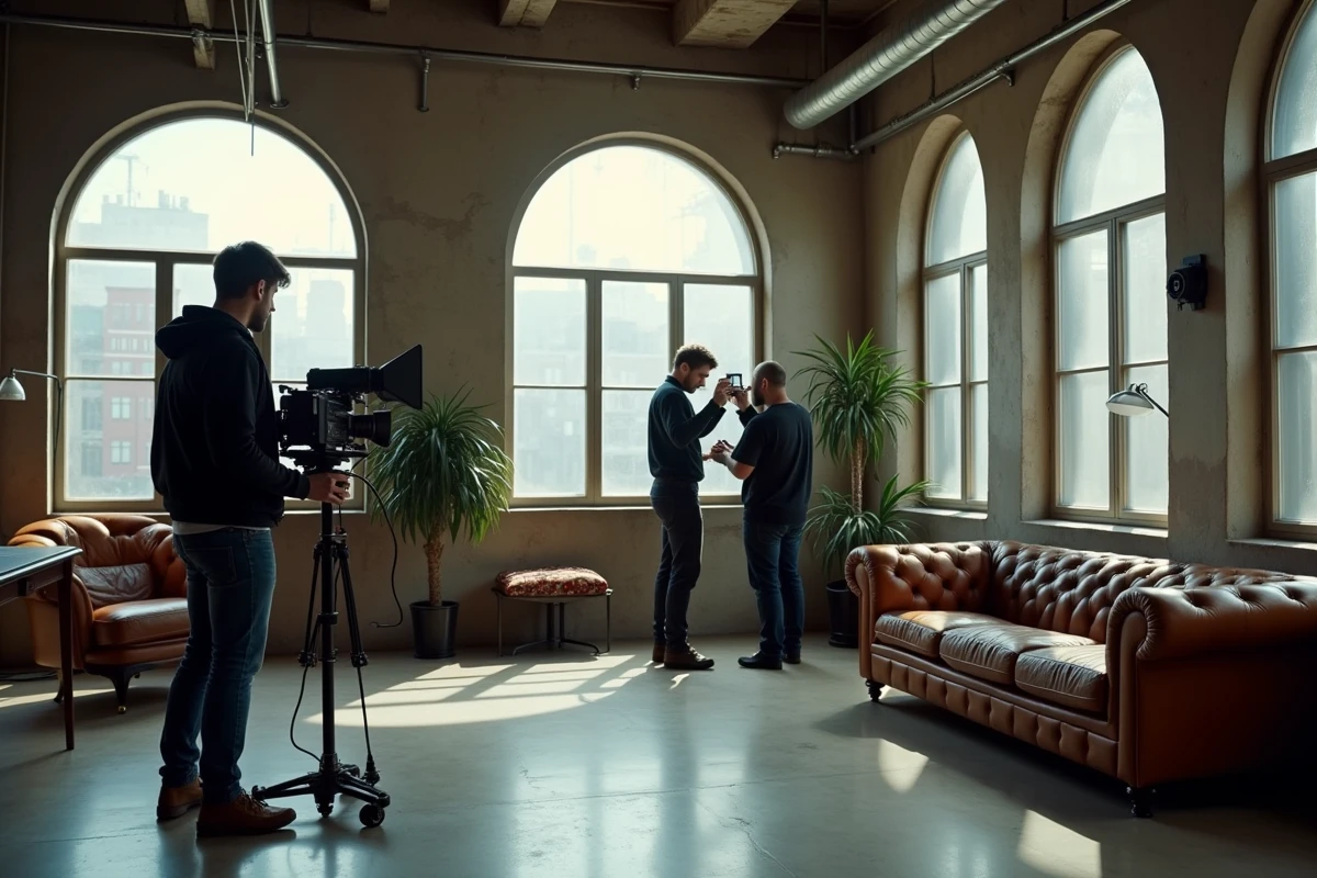 Équipe de tournage de clip musical dans un loft industriel loué pour une production vidéo professionnelle