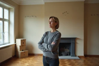 Femme seule dans un salon vidé avant une vente immobilière cause divorce à Metz, cartons de déménagement visibles