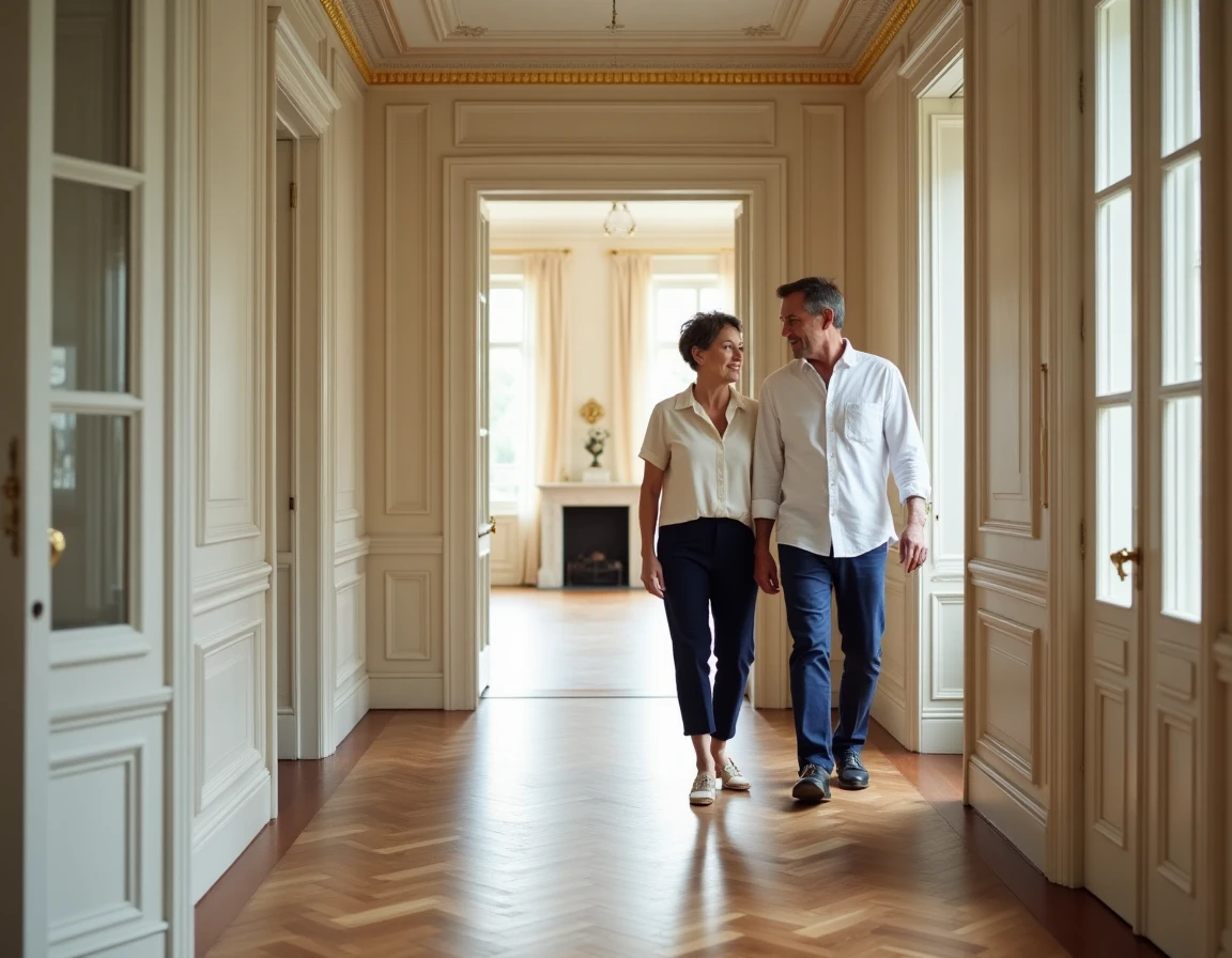 Couple aisé visitant un appartement haussmannien de prestige à Paris avec parquet en chevrons et moulures d'époque