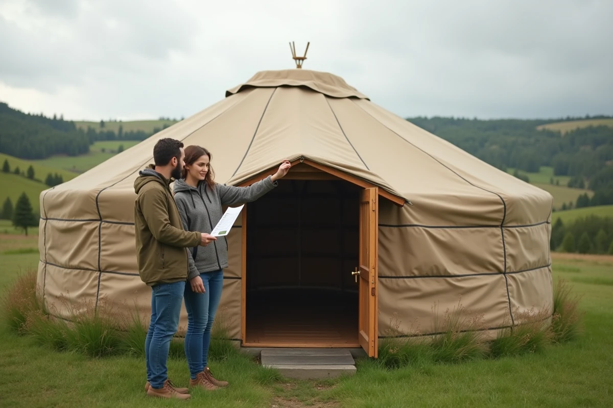 Couple d'acheteurs débutants inspectant l'extérieur d'une yourte traditionnelle lors d'une visite immobilière en milieu rural