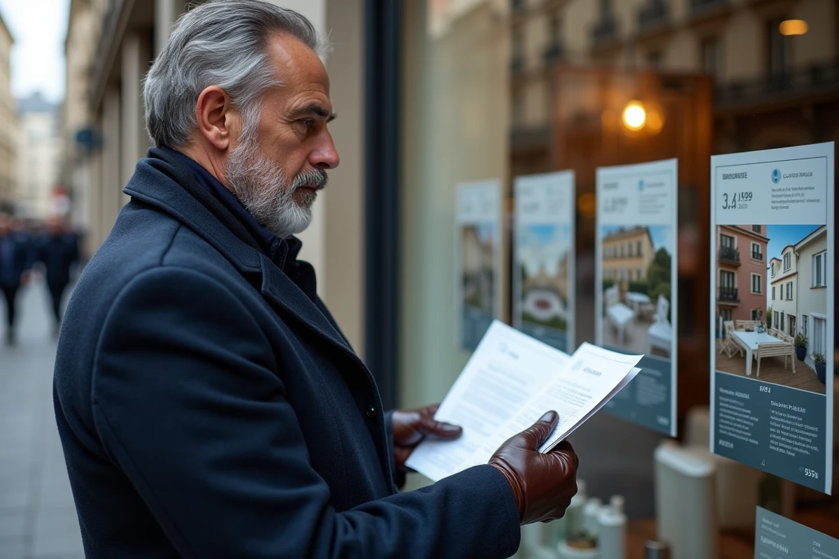 Homme consultant des annonces immobilières devant une agence de luxe dans un arrondissement aisé de Paris